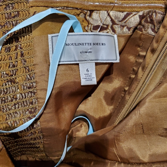 💛ANTHROPOLOGIE💛MOULINETTE SOEURS STRAPLESS RUFFLE DRESS gold floral SIZE 6 - Picture 7 of 11